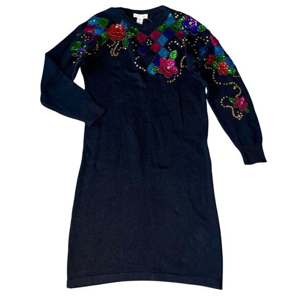 Vintage Sweater Dress Sequin Beaded Floral Black VTG Bonnie Evans NWT - Picture 1 of 7